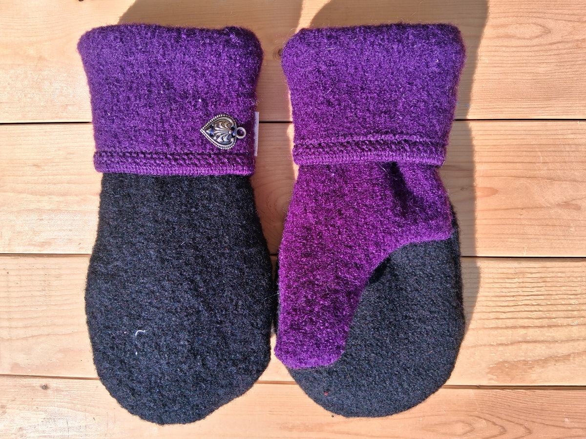 Black and Purple Fleece Lined Wool Mittens