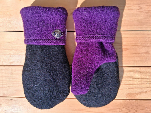 Black and Purple Fleece Lined Wool Mittens