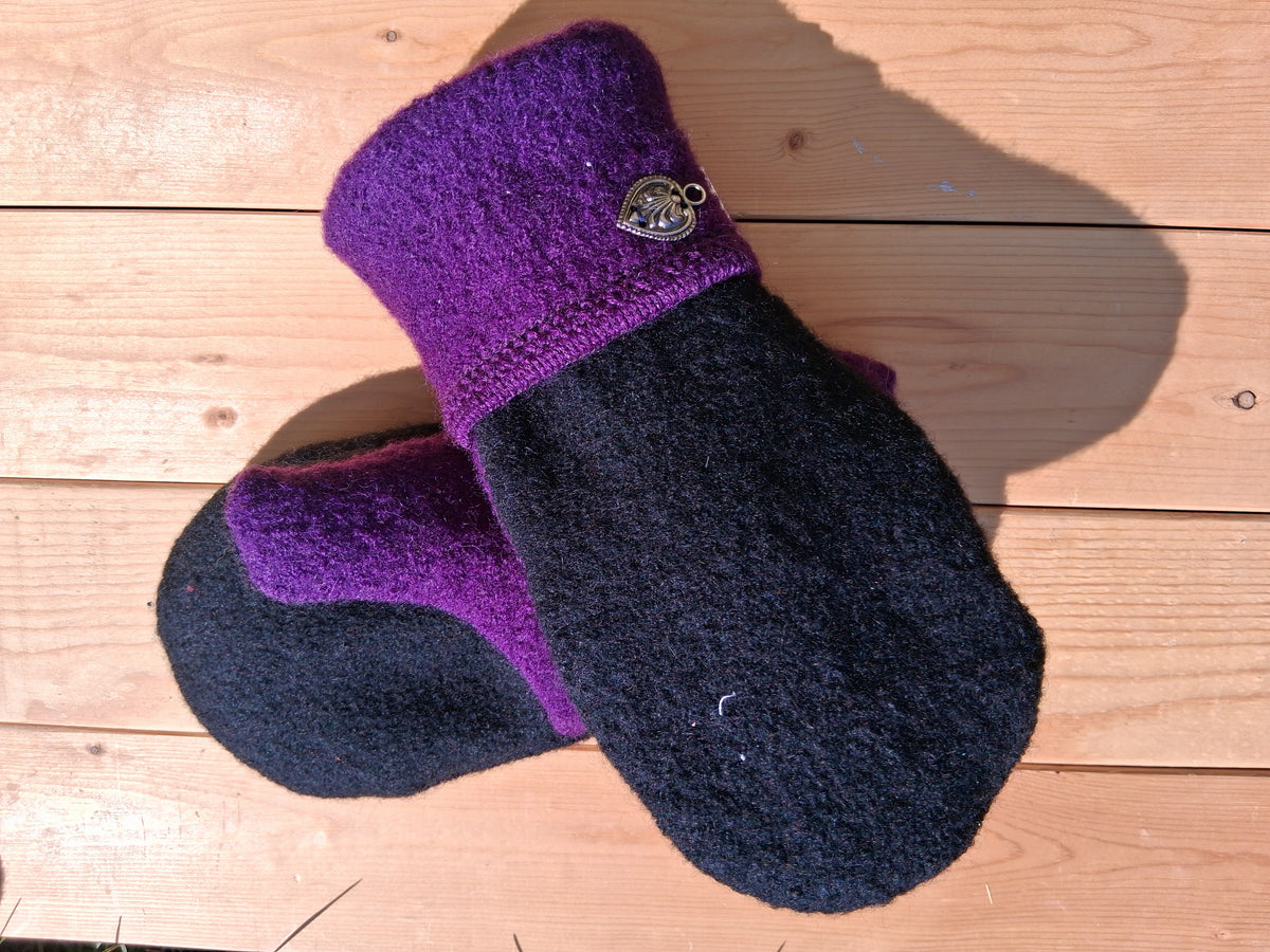 Black and Purple Fleece Lined Wool Mittens