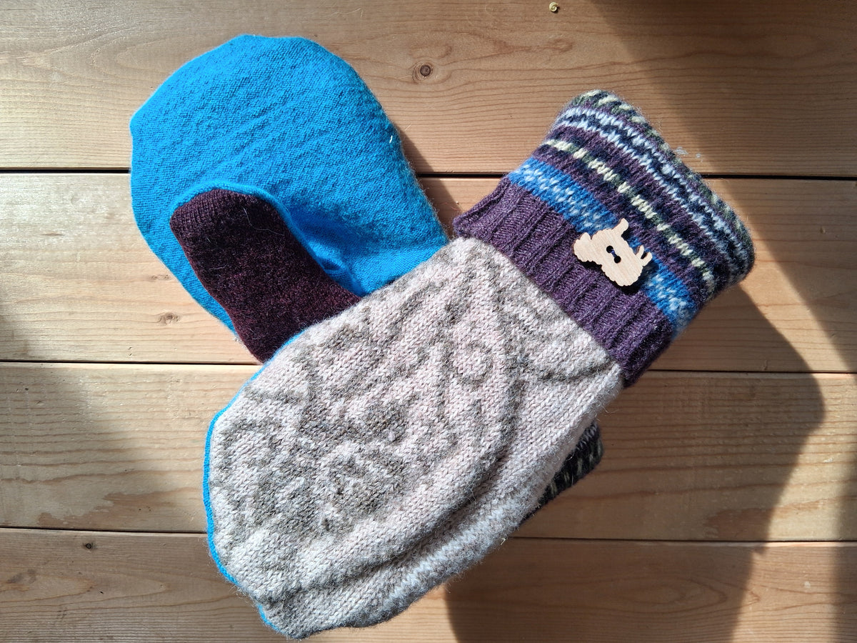 Felted Wool Mittens with Fleece Lining - Cream and Red