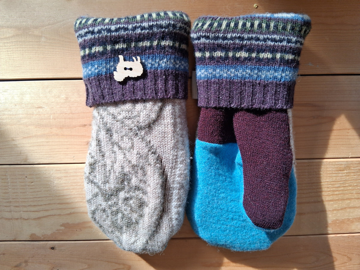Felted Wool Mittens with Fleece Lining - Cream and Red